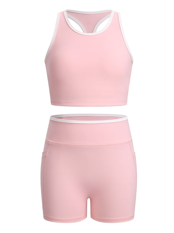 Girls Colorblock Workout Athletic Set | Racerback crop tank top and high waisted biker shorts, soft stretchy activewear sets for workout, cheer practice gymnastics 7-8 Years Pink