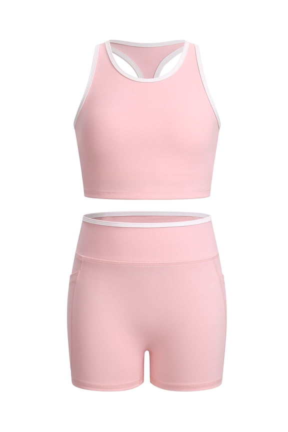 Girls Colorblock Workout Athletic Set | Racerback crop tank top and high waisted biker shorts, soft stretchy activewear sets for workout, cheer practice gymnastics 7-8 Years Pink