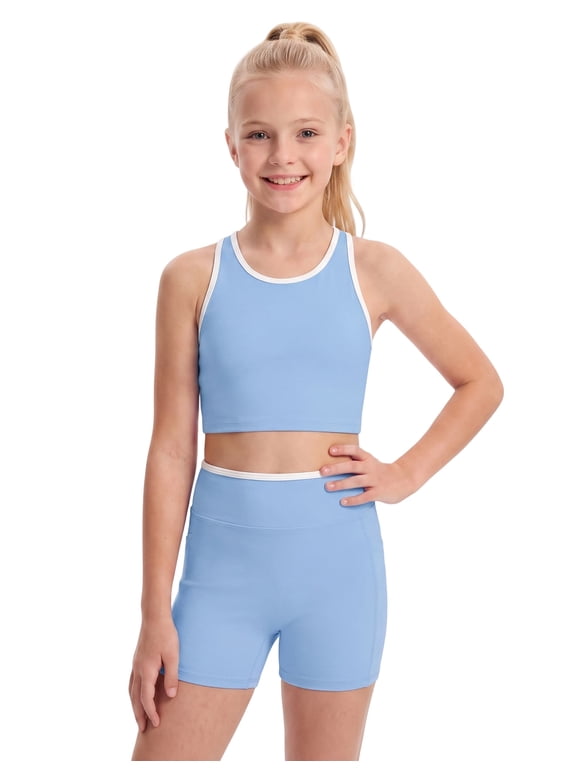 Girls Colorblock Workout Athletic Set | Racerback crop tank top and high waisted biker shorts, soft stretchy activewear sets for workout, cheer practice gymnastics Sky Blue