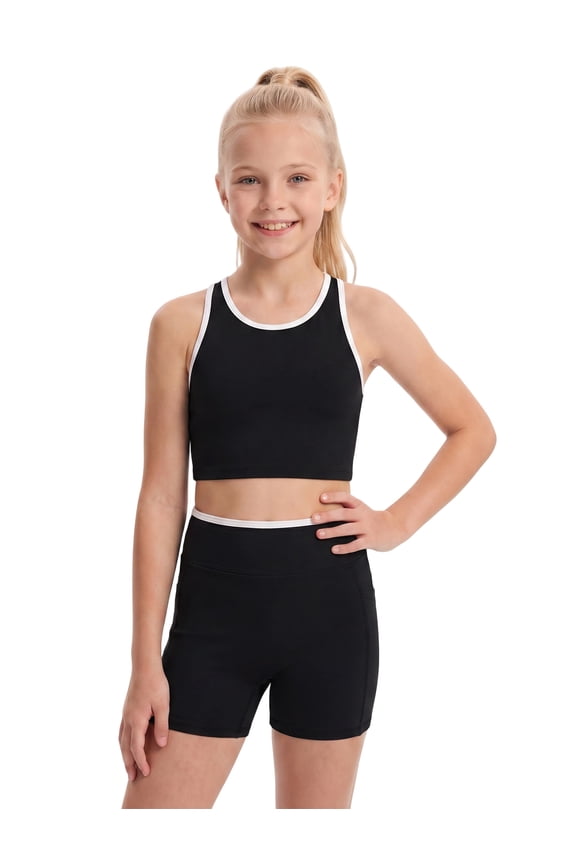 Girls Colorblock Workout Athletic Set | Racerback crop tank top and high waisted biker shorts, soft stretchy activewear sets for workout, cheer practice gymnastics Black