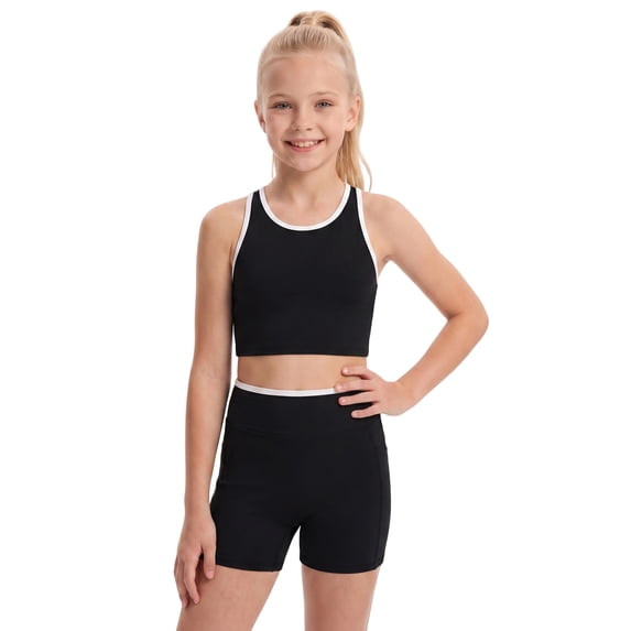 IBTOM CASTLE Girls Colorblock Workout Athletic Set | Racerback crop tank top and high waisted biker shorts, soft stretchy activewear sets for workout, cheer practice gymnastics Black