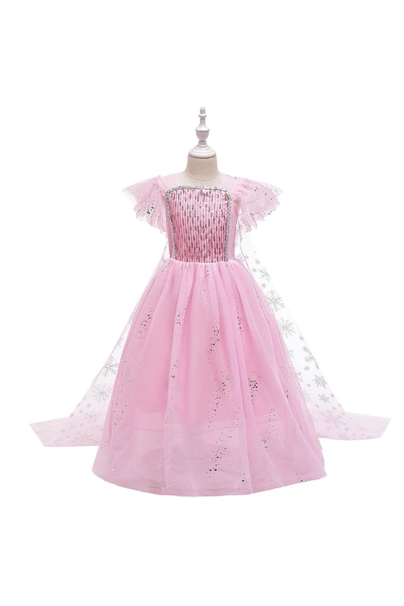 Girls Elsa Clothes Frozen Princess Fluffy Tulle Party Dress with Cape Christmas Halloween Carnival Cosplay Fancy Dress for Child 5-6 Years Pink