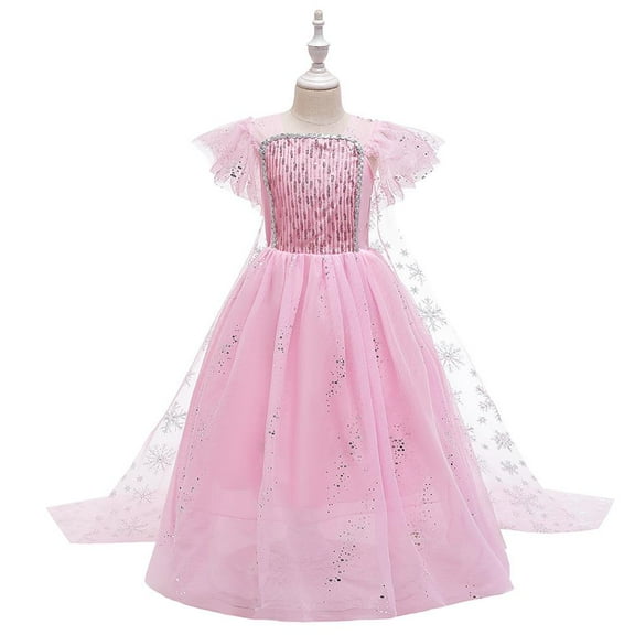 IBTOM CASTLE Girls Elsa Clothes Frozen Princess Fluffy Tulle Party Dress with Cape Christmas Halloween Carnival Cosplay Fancy Dress for Child 5-6 Years Pink