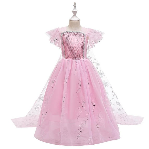 IBTOM CASTLE Girls Elsa Clothes Frozen Princess Fluffy Tulle Party Dress with Cape Christmas Halloween Carnival Cosplay Fancy Dress for Child 7-8 Years Pink