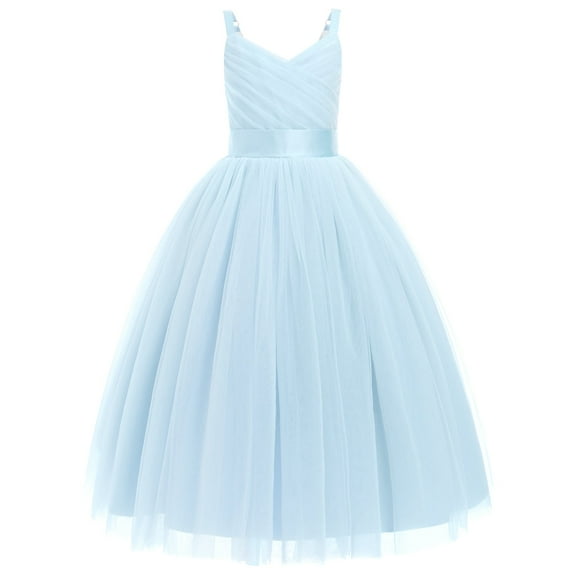 IBTOM CASTLE Girls Flower Vintage Floral Lace V Neck Sleeveless Floor Length Dress Wedding Party Evening Formal Pageant Dance Gown 12 Years Light Blue