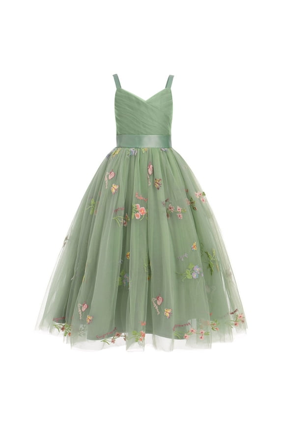 Girls Flower Vintage Floral Lace V Neck Sleeveless Floor Length Dress Wedding Party Evening Formal Pageant Dance Gown 14 Years Sage Green