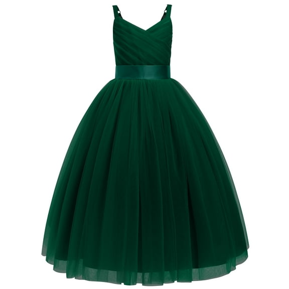 IBTOM CASTLE Girls Flower Vintage Floral Lace V Neck Sleeveless Floor Length Dress Wedding Party Evening Formal Pageant Dance Gown 7 Years Dark green