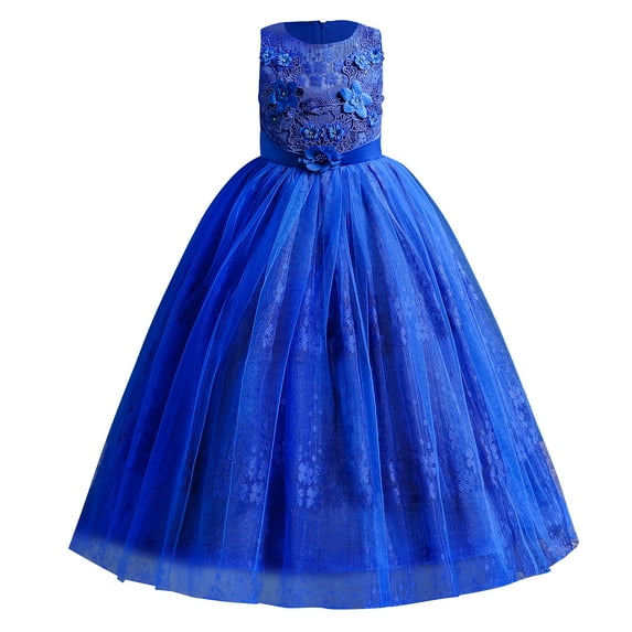 IBTOM CASTLE Girls Flower Vintage Lace Princess Long Dress for Kids Tulle Pageant Formal Party Wedding Floor Dance Evening Gown 12-13 Years Blue