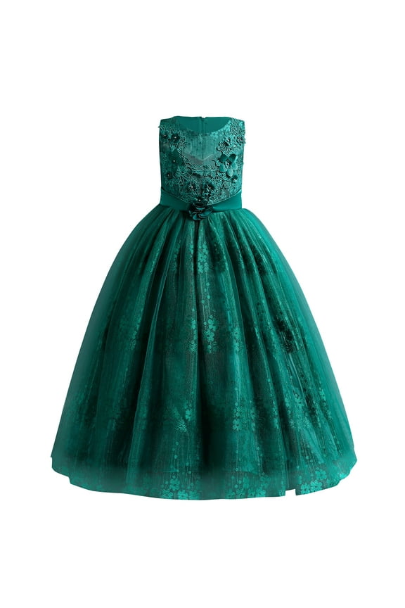 Girls Flower Vintage Lace Princess Long Dress for Kids Tulle Pageant Formal Party Wedding Floor Dance Evening Gown 12-13 Years Green