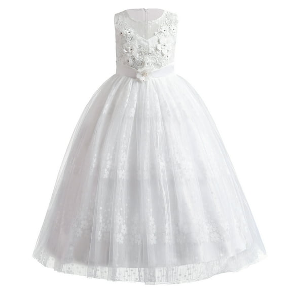 IBTOM CASTLE Girls Flower Vintage Lace Princess Long Dress for Kids Tulle Pageant Formal Party Wedding Floor Dance Evening Gown 12-13 Years White