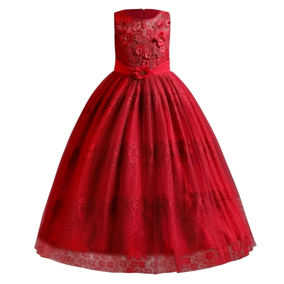 IBTOM CASTLE Girls Flower Vintage Lace Princess Long Dress for Kids Tulle Pageant Formal Party Wedding Floor Dance Evening Gown 4-5 Years Red
