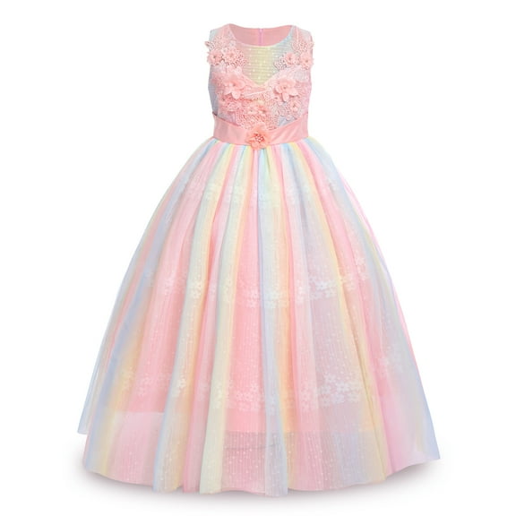 IBTOM CASTLE Girls Flower Vintage Lace Princess Long Dress for Kids Tulle Pageant Formal Party Wedding Floor Dance Evening Gown 6-7 Years Rainbow
