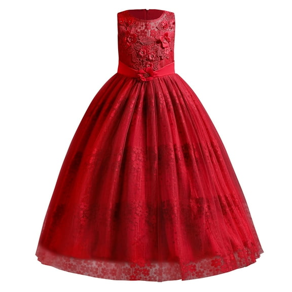 IBTOM CASTLE Girls Flower Vintage Lace Princess Long Dress for Kids Tulle Pageant Formal Party Wedding Floor Dance Evening Gown 6-7 Years Red