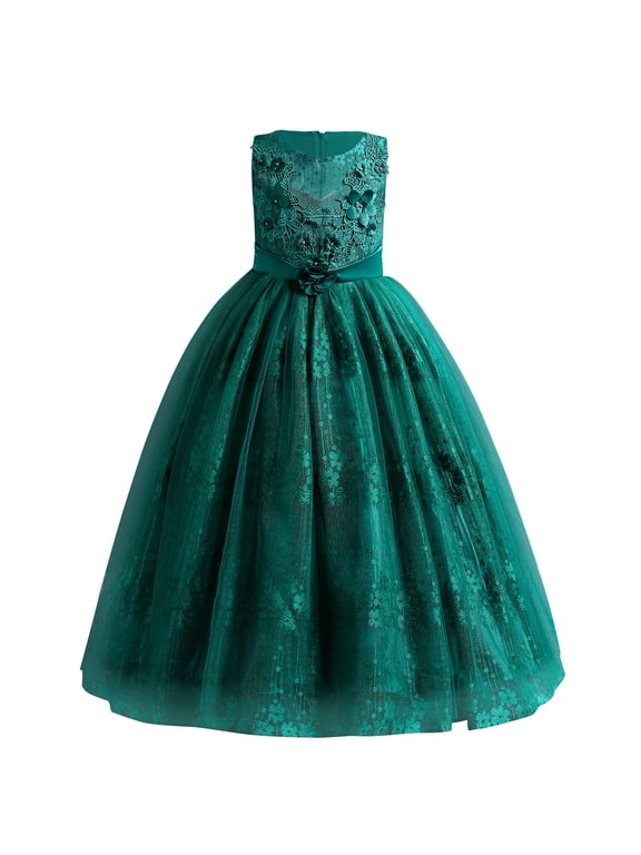 Girls Flower Vintage Lace Princess Long Dress for Kids Tulle Pageant Formal Party Wedding Floor Dance Evening Gown 7-8 Years Green