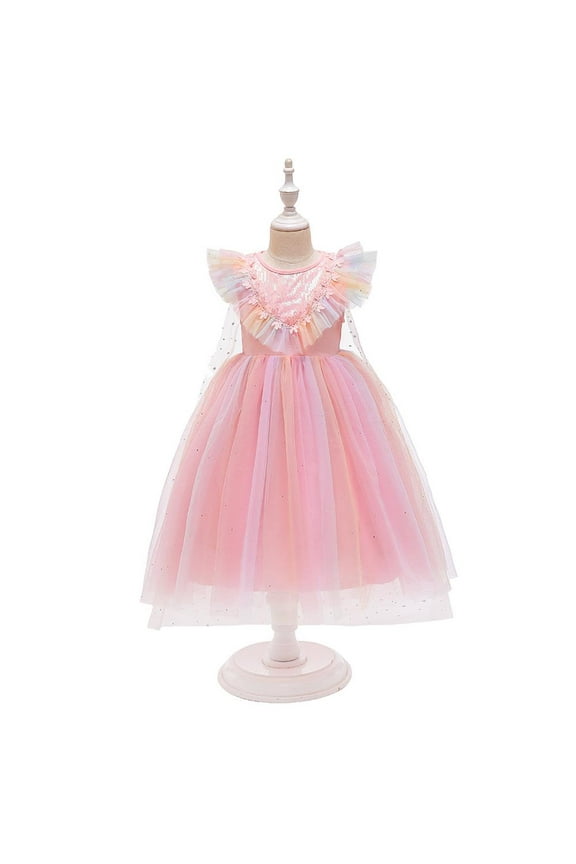 Girls Ice Queen Elsa Princess Dress Sequin Snow Cloak Kids Halloween Party Cosplay Christmas Carnival Fancy Dress Up 3-4 Years Pink
