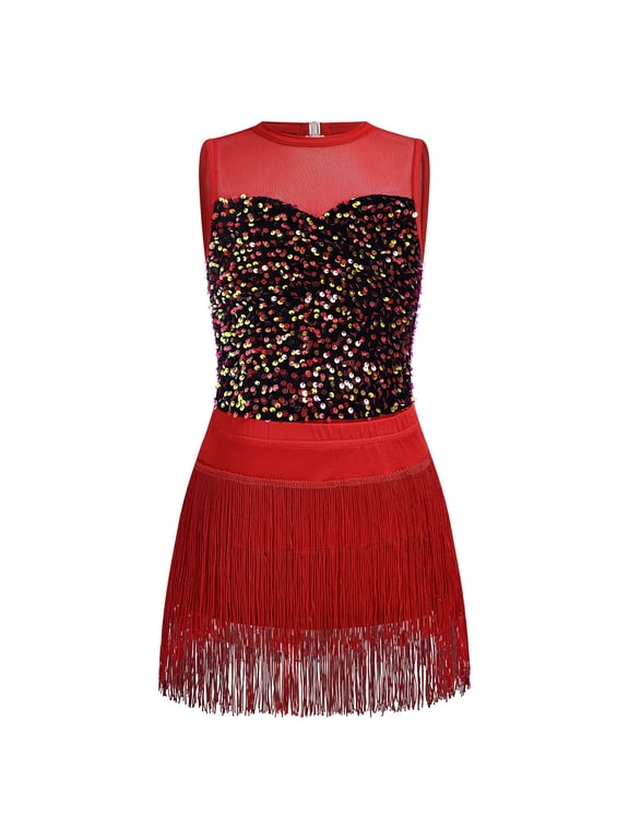 Girls Jazz Latin Sparkle Sequins Dance Outfit Crew Neck Sleeveless Bodysuit with Tassel Fringe Skirt Two Piece Set 5-6T Red