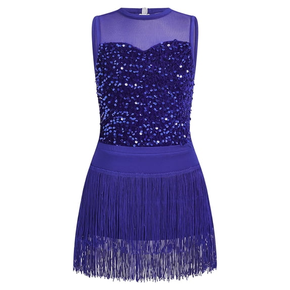 IBTOM CASTLE Girls Jazz Latin Sparkle Sequins Dance Outfit Crew Neck Sleeveless Bodysuit with Tassel Fringe Skirt Two Piece Set Blue