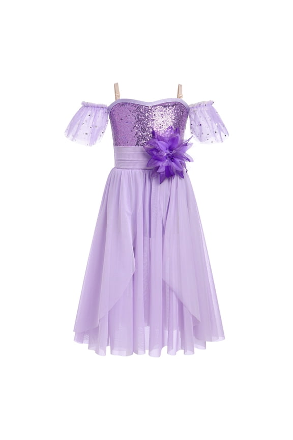 Girls Lyrical Dance Costume Ballet Leotard Sequin Spaghetti Straps Tulle Long Dress Ballerina Outfits Princess Dress up 11-12 Years Purple