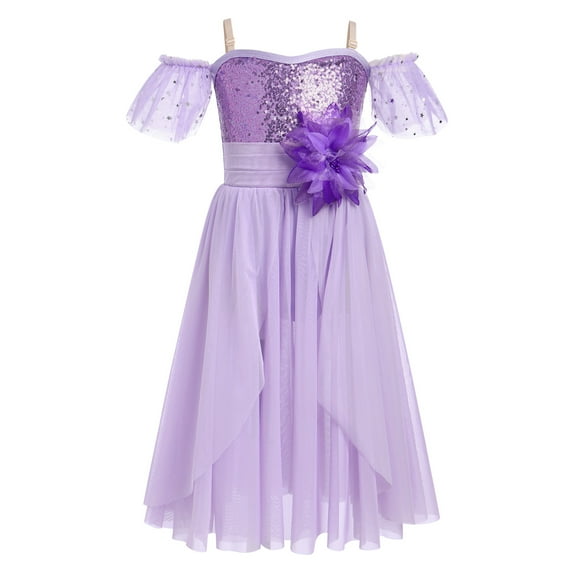 IBTOM CASTLE Girls Lyrical Dance Costume Ballet Leotard Sequin Spaghetti Straps Tulle Long Dress Ballerina Outfits Princess Dress up 9-10 Years Purple