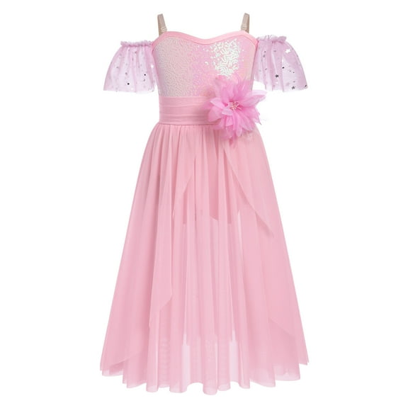IBTOM CASTLE Girls Lyrical Dance Costume Ballet Leotard Sequin Spaghetti Straps Tulle Long Dress Ballerina Outfits Princess Dress up 5-6 Years Pink