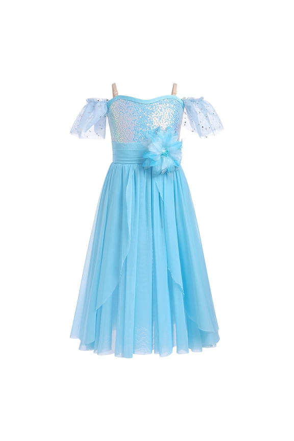 Girls Lyrical Dance Costume Ballet Leotard Sequin Spaghetti Straps Tulle Long Dress Ballerina Outfits Princess Dress up 7-8 Years Blue