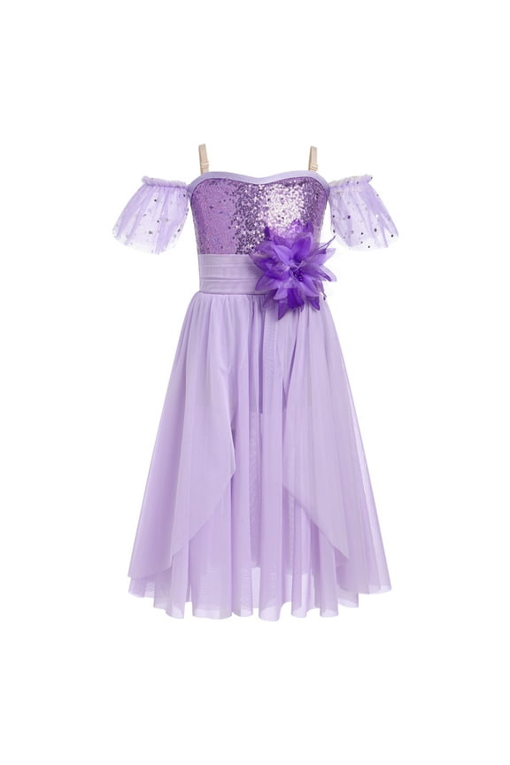 Girls Lyrical Dance Costume Ballet Leotard Sequin Spaghetti Straps Tulle Long Dress Ballerina Outfits Princess Dress up 7-8 Years Purple