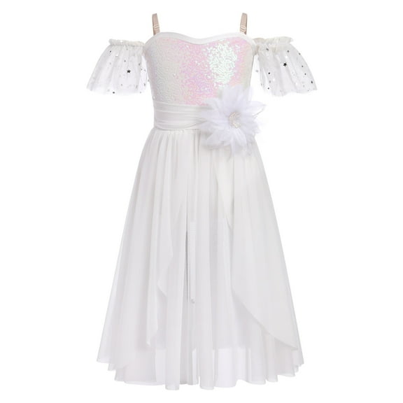 IBTOM CASTLE Girls Lyrical Dance Costume Ballet Leotard Sequin Spaghetti Straps Tulle Long Dress Ballerina Outfits Princess Dress up 7-8 Years White