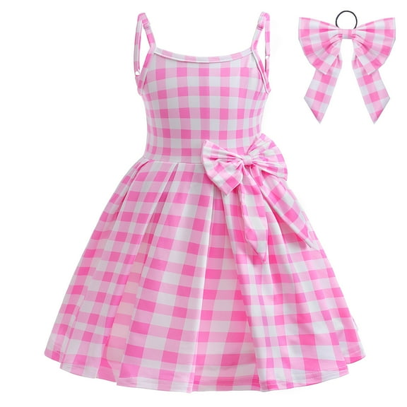 IBTOM CASTLE Girls Pink Gingham Costume Dress Movie Cosplay Kids Party Halloween Fancy Plaid Dress up Photoshoot with Hat Bow for Child 3-4 Years Pink & Bowknot