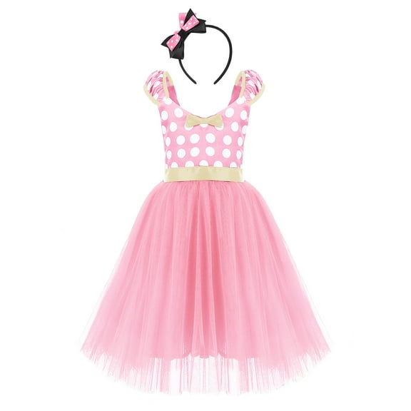 IBTOM CASTLE Girls' Polka Dots Princess Party Cosplay Pageant Fancy Costume Tutu Birthday Dress up with Ears Headband 3-4 Years Pink - Long Dress