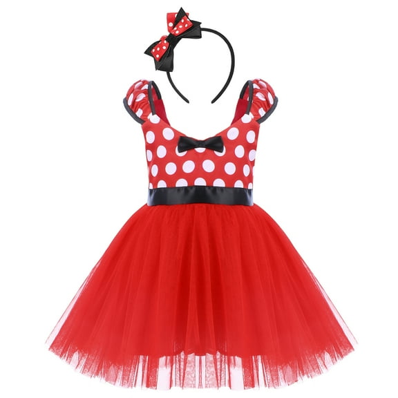 IBTOM CASTLE Girls' Polka Dots Princess Party Cosplay Pageant Fancy Costume Tutu Birthday Dress up with Ears Headband 3-4 Years Red - Short Dress