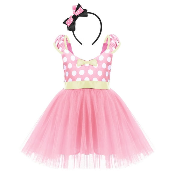 IBTOM CASTLE Girls' Polka Dots Princess Party Cosplay Pageant Fancy Costume Tutu Birthday Dress up with Ears Headband 2-3 Years Pink - Short Dress