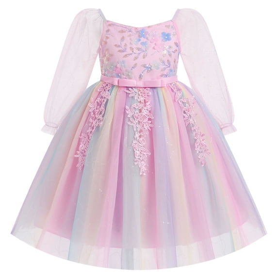 IBTOM CASTLE Girls Princess Long Sleeve Rainbow Party Tulle Dress 3D Flower Ruffle Mesh Dress Pageant Birthday Smocked Back Wedding Flower Girl Dress 3-4T Pink