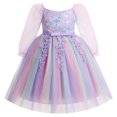 thumbnail image 1 of IBTOM CASTLE Girls Princess Long Sleeve Rainbow Party Tulle Dress 3D Flower Ruffle Mesh Dress Pageant Birthday Smocked Back Wedding Flower Girl Dress Purple, 1 of 7