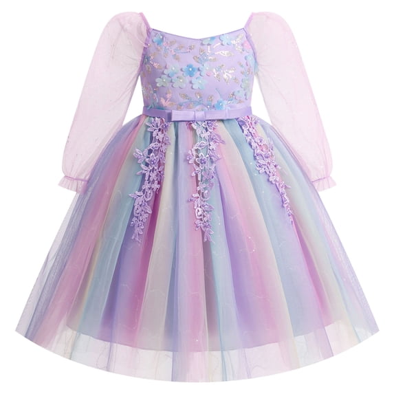 IBTOM CASTLE Girls Princess Long Sleeve Rainbow Party Tulle Dress 3D Flower Ruffle Mesh Dress Pageant Birthday Smocked Back Wedding Flower Girl Dress Purple