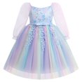 thumbnail image 1 of IBTOM CASTLE Girls Princess Long Sleeve Rainbow Party Tulle Dress 3D Flower Ruffle Mesh Dress Pageant Birthday Smocked Back Wedding Flower Girl Dress Blue, 1 of 7