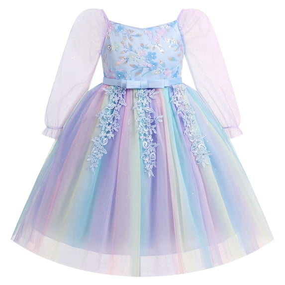 IBTOM CASTLE Girls Princess Long Sleeve Rainbow Party Tulle Dress 3D Flower Ruffle Mesh Dress Pageant Birthday Smocked Back Wedding Flower Girl Dress Blue