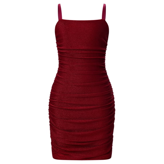 IBTOM CASTLE Girls Ruched Bodycon Teens Party Dress Mesh Sleeveless Pencil Short Dress Tight Dresses for Teens Holiday Red