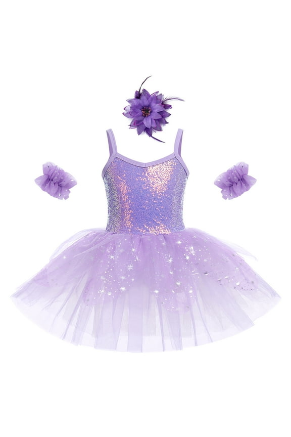 Girls Sequin Ballet Dance Dress Tutu Skirt Leotard Ballerina Fairy Princess Fancy Dress up Dancewear 3-4 Years Purple