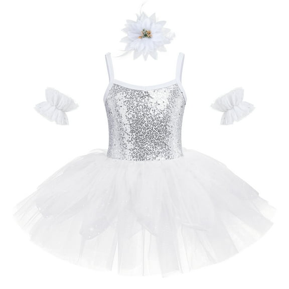 IBTOM CASTLE Girls Sequin Ballet Dance Dress Tutu Skirt Leotard Ballerina Fairy Princess Fancy Dress up Dancewear 3-4 Years White