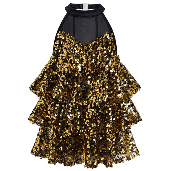 IBTOM CASTLE Girls Sequin Dance Outfit Sparkly Latin Hip Hop Jazz Dance Outfit Halter Mesh Ruffle Dress Top and Shorts Dancewear Golden