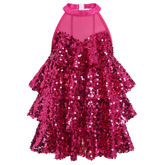 IBTOM CASTLE Girls Sequin Dance Outfit Sparkly Latin Hip Hop Jazz Dance Outfit Halter Mesh Ruffle Dress Top and Shorts Dancewear Hot Pink