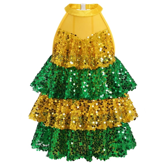 IBTOM CASTLE Girls Sequin Dance Outfit Sparkly Latin Hip Hop Jazz Dance Outfit Halter Mesh Ruffle Dress Top and Shorts Dancewear Yellow Green