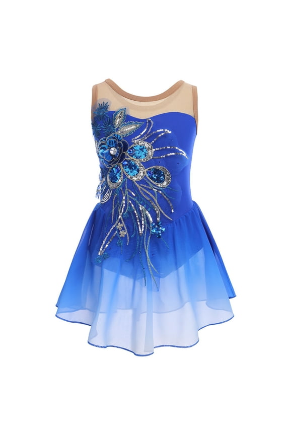 Girls Ice Figure Skating Dress Sparkly Sequins Sheer Mesh Chiffon Ballet Dance Leotard Dress Ballerina Dancewear 11-12 Years Royal Blue