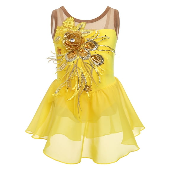IBTOM CASTLE Girls Ice Figure Skating Dress Sparkly Sequins Sheer Mesh Chiffon Ballet Dance Leotard Dress Ballerina Dancewear 3-4 Years Yellow