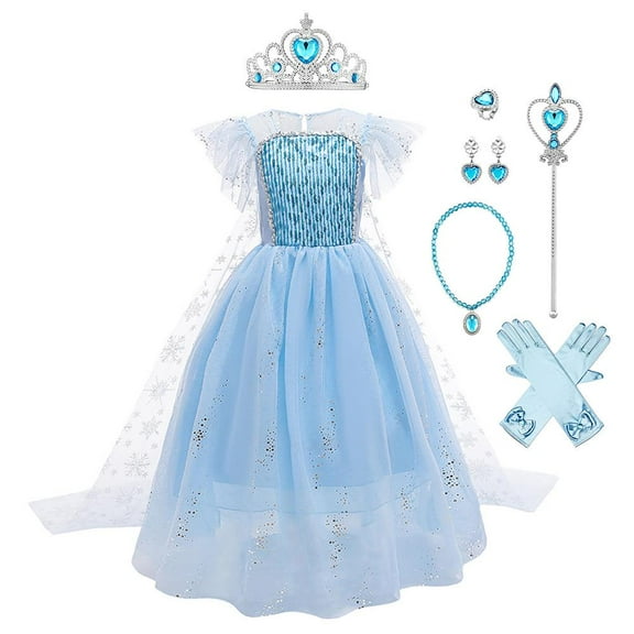 IBTOM CASTLE Girls Snow Queen Princess Fancy Dress Up Sequin Tulle Long Dress with Accessories for Kids Halloween Birthday Party Christmas Carnival Cosplay Outfits