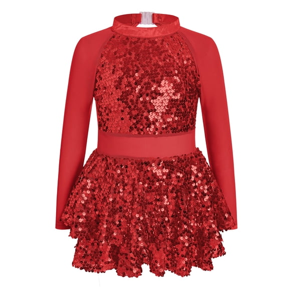 IBTOM CASTLE Girls Sparkle Sequins Dance Outfit Kids Latin Hip Hop Jazz Dancewear Mesh Long Sleeve Glitter Dress with Shorts Set 红色