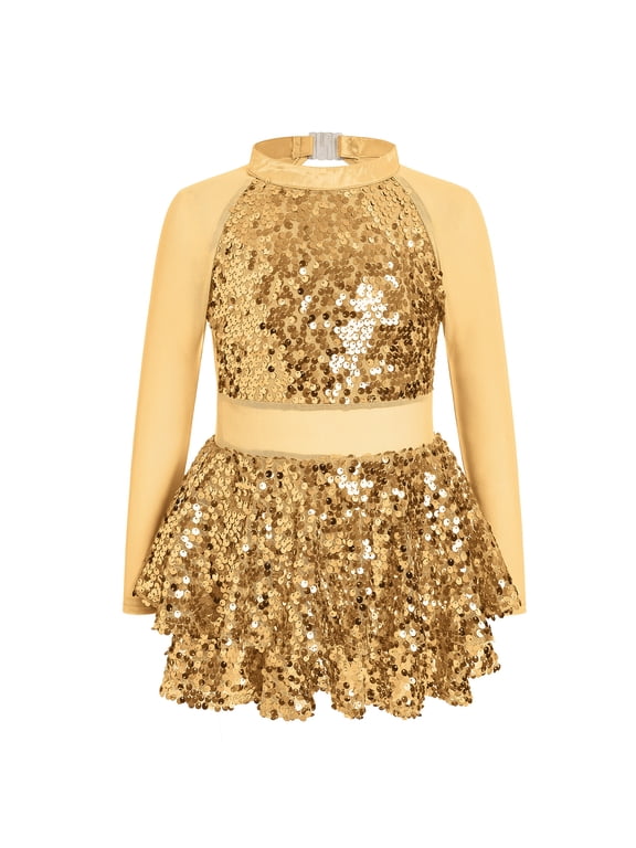 Girls Sparkle Sequins Dance Outfit Kids Latin Hip Hop Jazz Dancewear Mesh Long Sleeve Glitter Dress with Shorts Set 金色