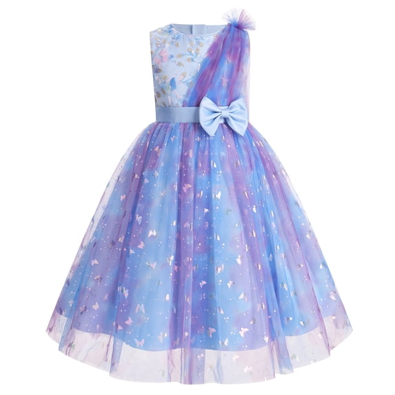 IBTOM CASTLE Girls Sparkly Flower Pageant Tulle Dress Sequin Floral Applique Fairy Tea Length Gown for Birthday Wedding Graduation Daddy Daughter Dance Blue