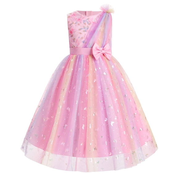 IBTOM CASTLE Girls Sparkly Flower Pageant Tulle Dress Sequin Floral Applique Fairy Tea Length Gown for Birthday Wedding Graduation Daddy Daughter Dance Pink