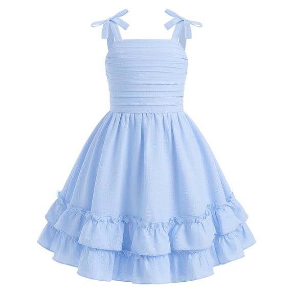IBTOM CASTLE Girls Summer Dresses Sleeveless Cami Dress Spaghetti Straps Birthday Party Casual Fancy Midi 2 Layerr Sundress Beach Square Neck Kids Smocked Blue